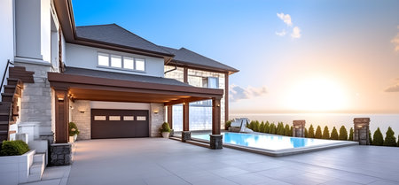 3d rendering of modern cozy house with pool and parking for sale or rent in luxurious style and beautiful landscaping on background. Clear sunny summer evening with blue sky.の素材