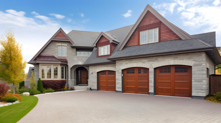 Modern house with garage and driveway. 3d render image with copy space.の素材