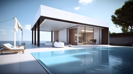 3d rendering of modern house with swimming pool and sea view.の素材