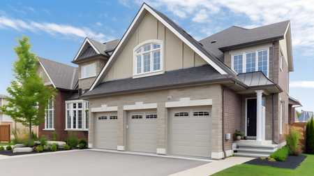 House with garage and driveway. 3D rendering. High resolution image.の素材