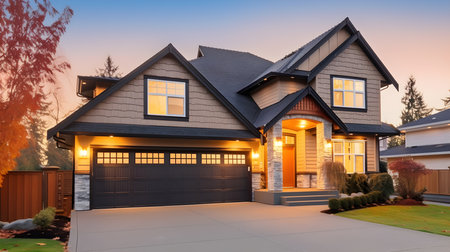 Modern house with garage and driveway at dusk. 3D Renderingの素材