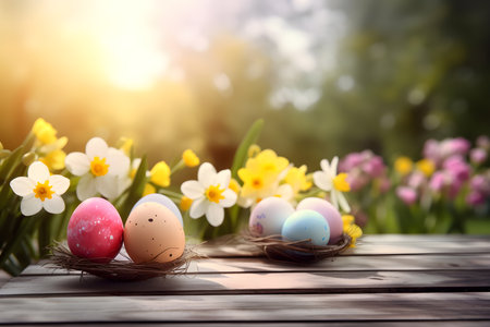 Easter eggs in nest with narcissus flowers on wooden table outdoorsの素材