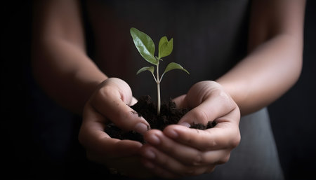 Hands holding young plant with soil on black background, Save world concept. Concept of environmental protection.の素材