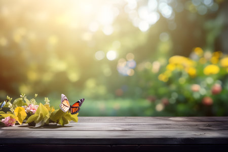 Wooden table with flowers and butterfly on bokeh background.の素材