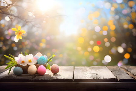 Easter eggs and spring flowers on wooden table with bokeh backgroundの素材