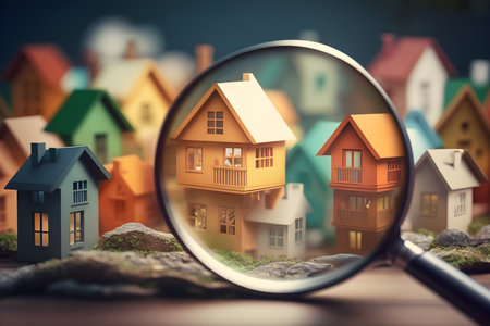 Real estate concept. Miniature houses in the magnifying glass.の素材