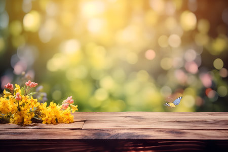Wooden table with spring flowers and butterfly over bokeh backgroundの素材