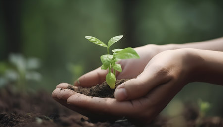 Human hands holding green seedling growing on fertile soil with blurred backgroundの素材