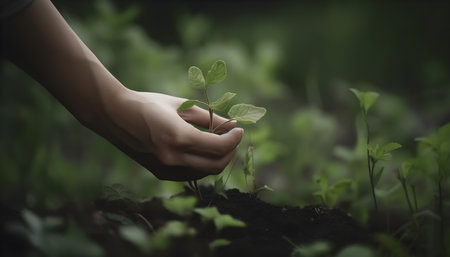 Human hand touching a young plant in the forest. Ecology concept.の素材