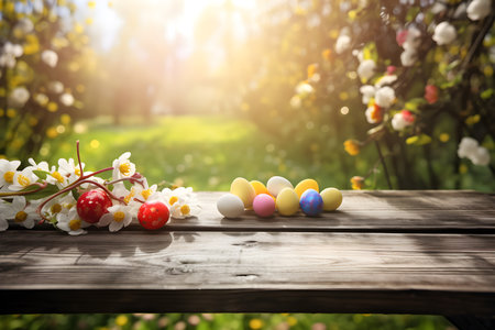 Easter eggs and spring flowers on a wooden table in the gardenの素材