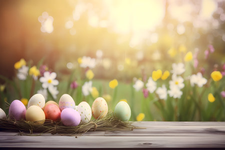 Easter eggs in nest on wooden table with spring flowers background.の素材