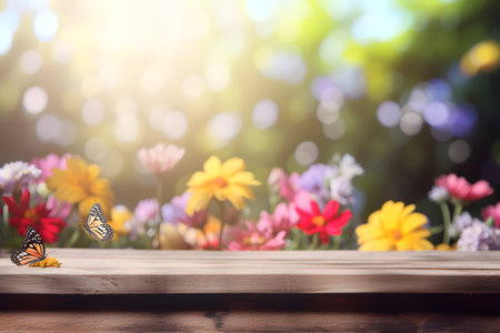 Wooden table with flowers and butterfly in front of blurred nature backgroundの素材