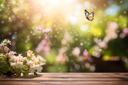 Wooden table with flowers and butterfly on bokeh background.の素材