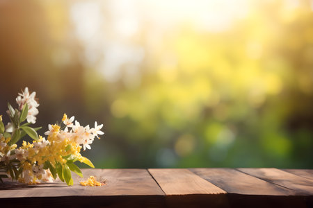 Wooden table with spring flowers on bokeh background, shallow depth of fieldの素材