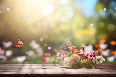 Spring flowers and butterfly on wooden table with bokeh background.の素材