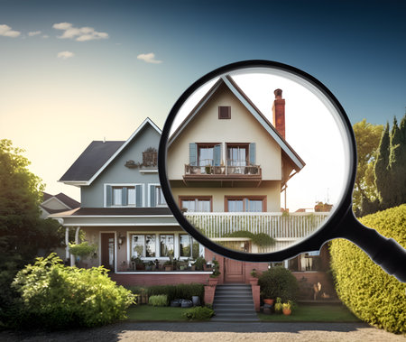 Magnifying glass on a new house. Concept of real estate.の素材