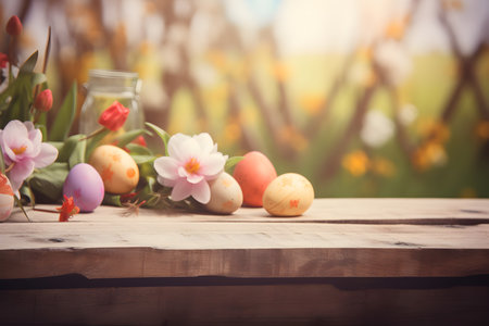 Easter eggs and spring flowers on a wooden table in the gardenの素材