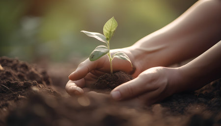Human hands holding and caring young green plant seedling growing on fertile soil with sunlight nature background, World Environment day conceptの素材