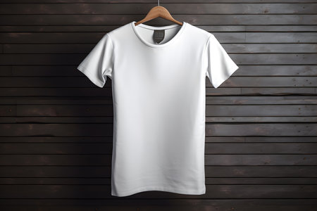 White t-shirt on a hanger on a dark wooden backgroundの素材