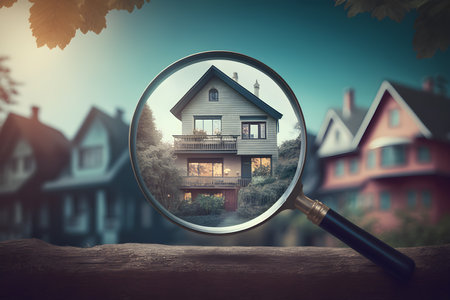 Magnifying glass over wooden table and houses in the background. real estate conceptの素材