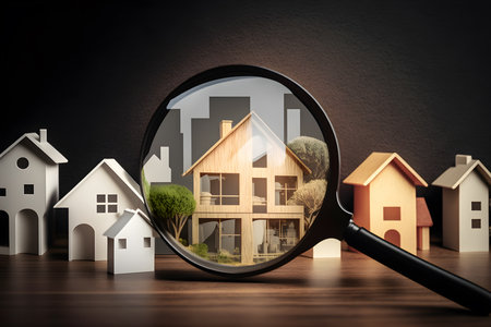 Real estate concept with wooden houses and magnifying glass on wooden tableの素材