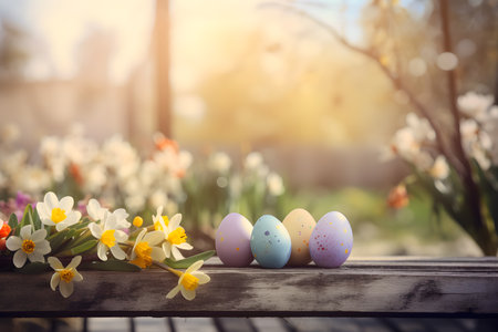 Colorful easter eggs with narcissus flowers on wooden table.の素材