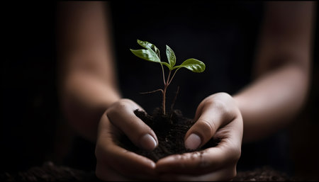 Close up of woman hands holding young plant with soil on dark background. Concept of environmental protection.の素材