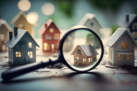 Miniature houses on the world map with magnifying glass. Real estate concept.の素材