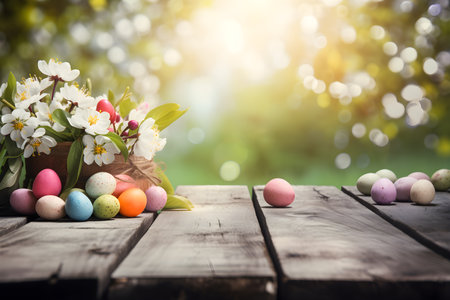 Easter eggs and spring flowers on wooden table with bokeh backgroundの素材
