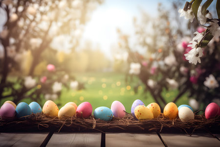 Colorful easter eggs in nest with blooming tree on background.の素材