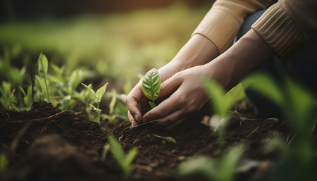 Closeup of woman hands planting a small plant in the soil. Concept of environmental protection.の素材
