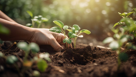 Hand holding green seedling growing in soil on blurred nature background, Ecology concept. Concept of environmental protection.の素材