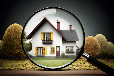 Magnifying glass with a house and garden in the background. Real estate concept.の素材