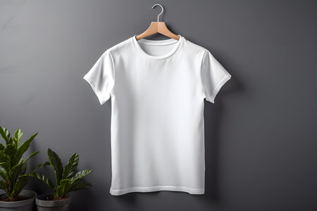 Blank white t-shirt on wooden hanger, mockupの素材