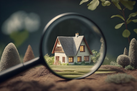Magnifying glass looking at a miniature house. Real estate concept.の素材