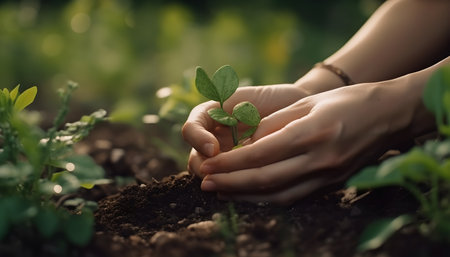 Close-up of female hands planting a tree in the ground. Concept of environmental protection.の素材