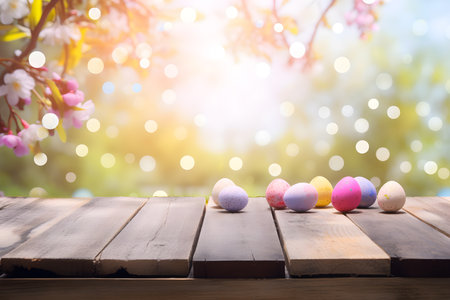 Colorful easter eggs on wooden table with bokeh background.の素材