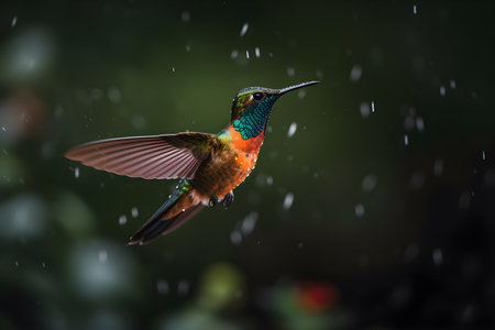 Colibri hummingbird in flight with rain drops in the backgroundの素材