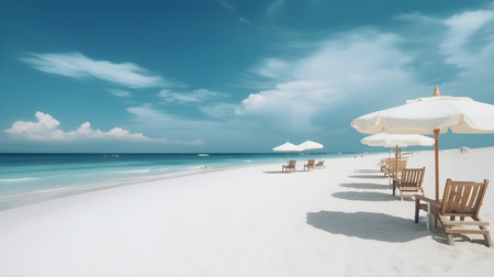Beach chairs and umbrellas on a beautiful white sand beachの素材