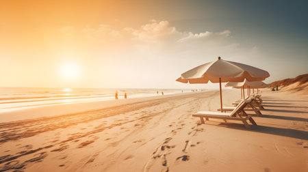 Beach umbrella and chair on the sand beach at sunset, vintage filterの素材