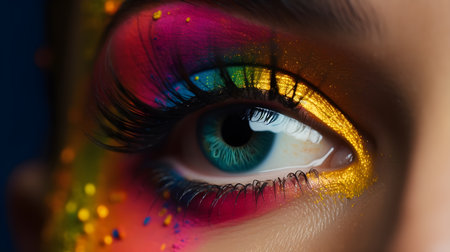Close-up of beautiful woman's eye with multicolored makeupの素材