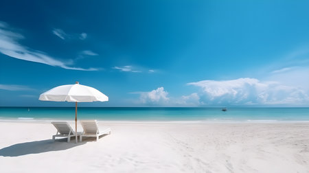 Umbrella on white sand beach with blue sky and sea backgroundの素材