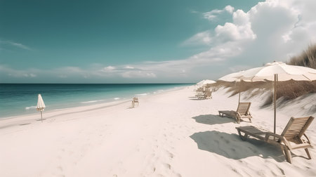 Beach chairs and umbrellas on the white sand beach.の素材