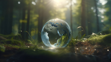 Globe in the forest. 3d render. Concept imageの素材