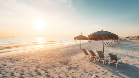 Beach umbrellas and deckchairs on the sand at sunrise.の素材