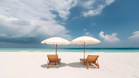 Beach chairs and umbrella on a tropical beach, 3d renderの素材
