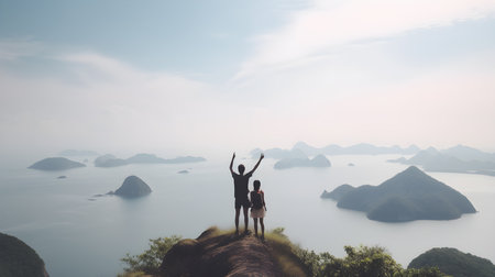 Man and woman standing on the top of the mountain with a beautiful viewの素材
