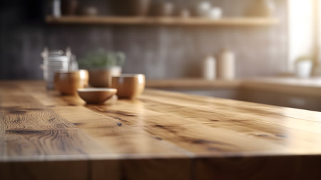 Close up of wooden table in modern kitchen. Blurred background.の素材