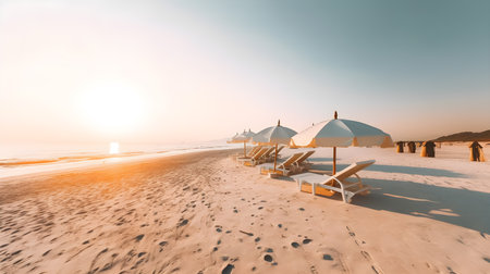 Beach with sun loungers and umbrellas at sunset.の素材