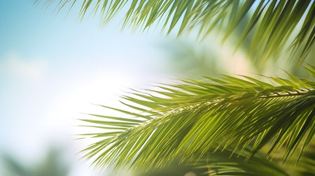 Palm tree leaves on blurred background. Copy space for text.の素材
